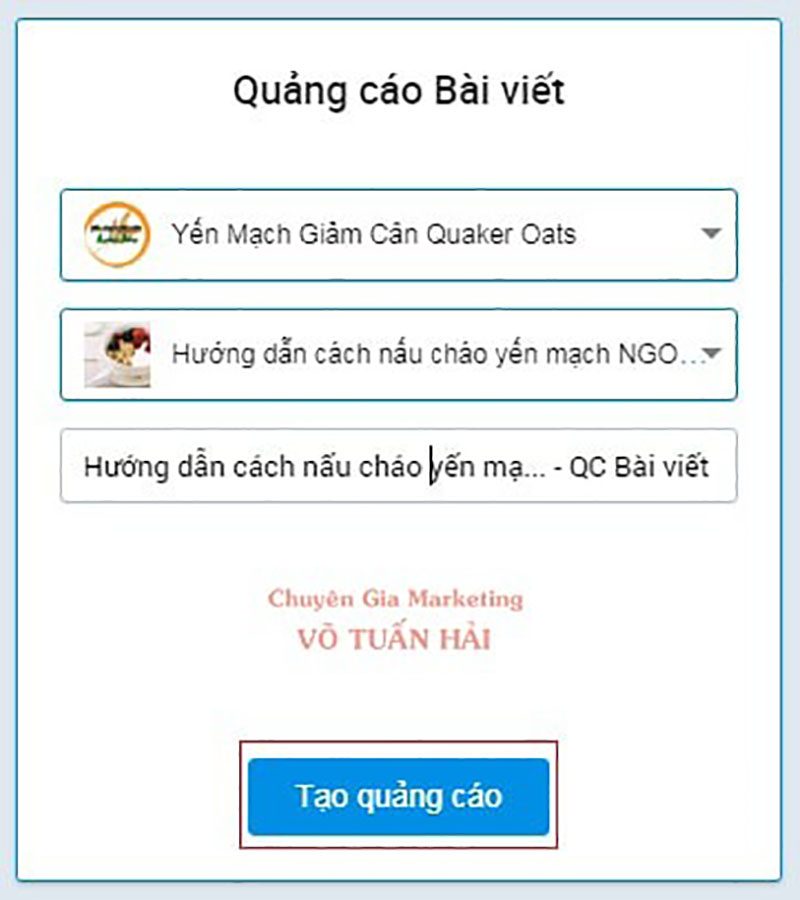 Chọn trang OA và bài viết quảng cáo