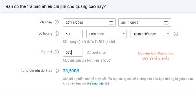 Thiết lập ngân sách và lịch chạy tùy vào điều kiện, mục tiêu quảng cáo