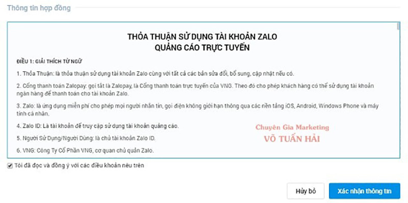 Đồng ý các điều khoản để tạo quảng cáo Zalo
