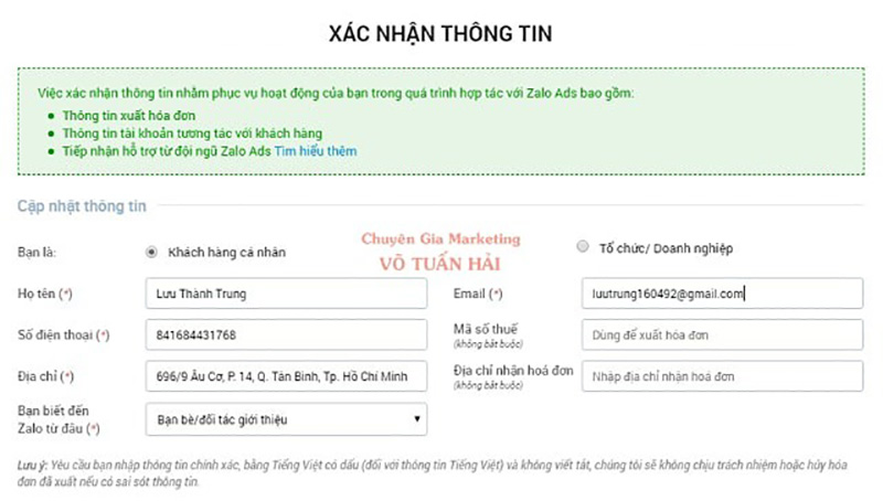 Nhập thông tin xác nhận tạo tài khoản quảng cáo Zalo