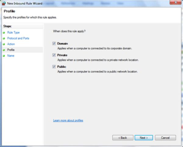 đánh dấu vào cả 3 mục Domain, Private, Public đánh dấu vào cả 3 mục Domain, Private, Public
