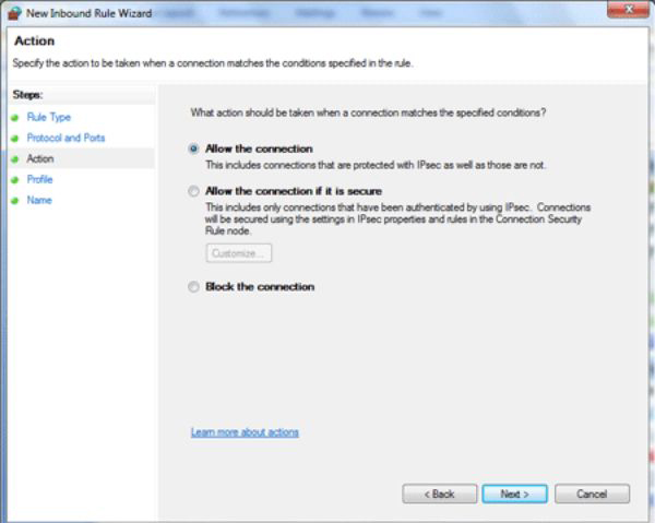chọn vào mục Allow the connection chọn vào mục Allow the connection